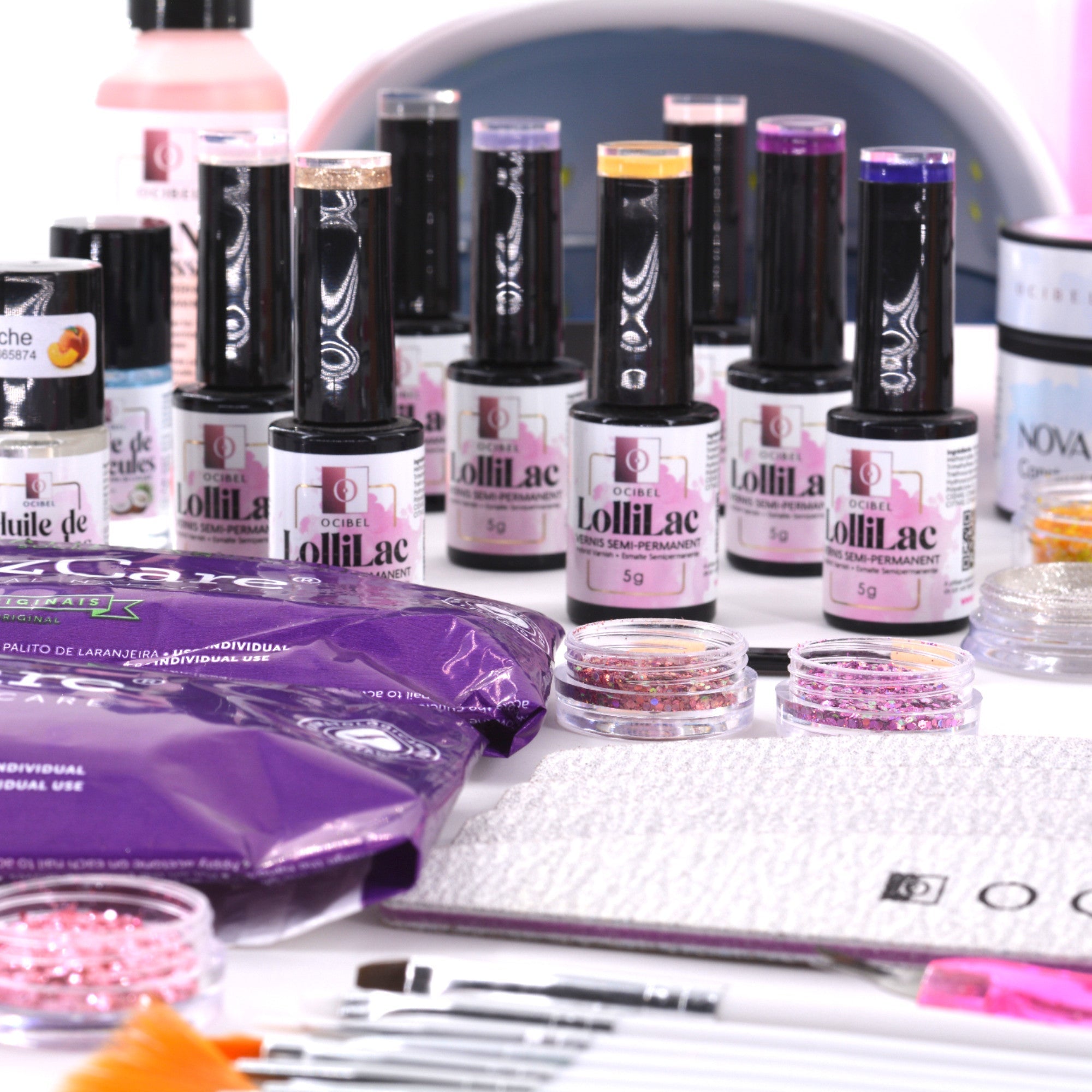 Kit Ongles Complet Master – Gel de Construction Sans Limage, 2 Lampes 72 W USB, 8 Vernis LolliLac, Accessoires et Soins Professionnels OCIBEL