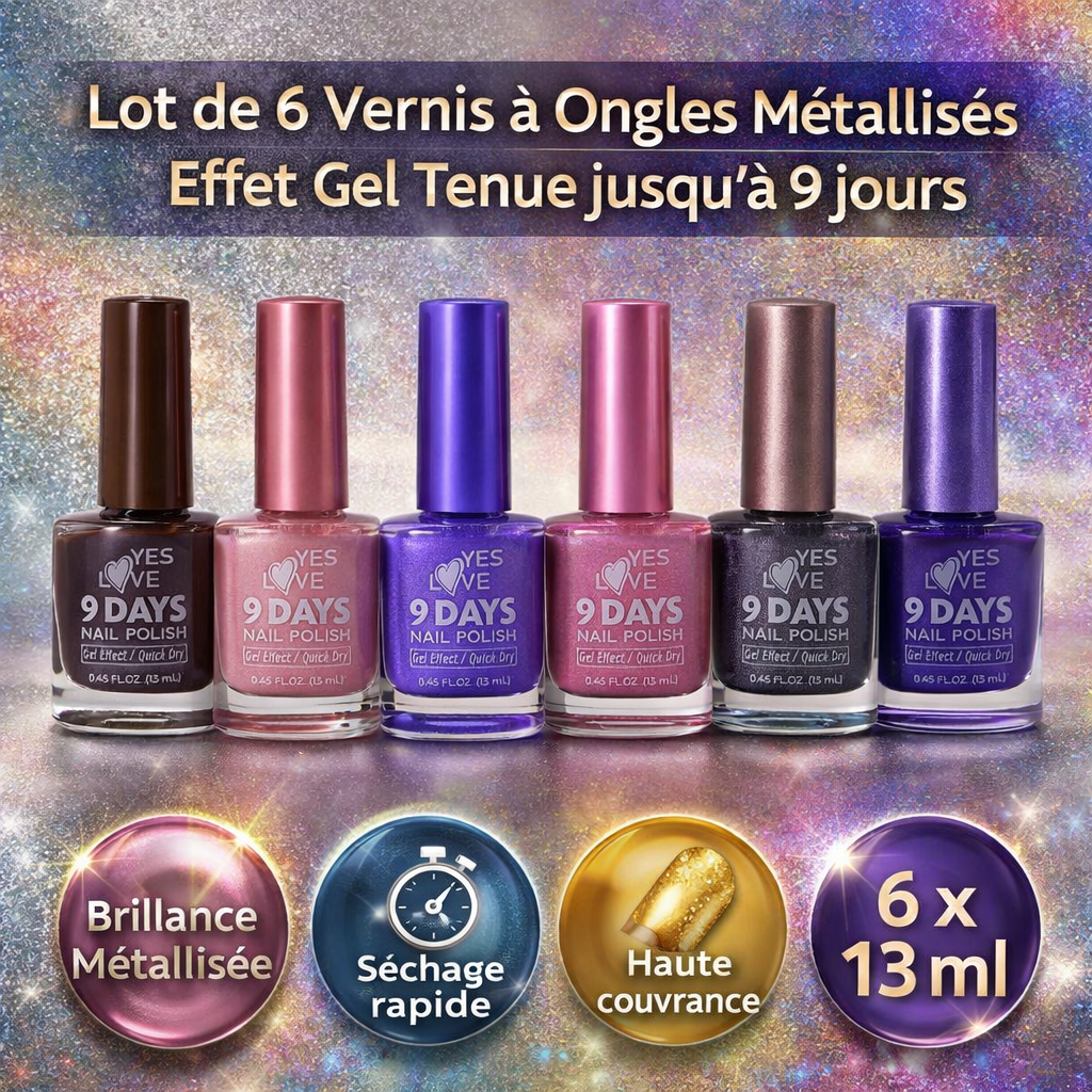 Lot de 6 Vernis à Ongles Métallisés Effet Gel – Longue Tenue 9 Jours – Brillance Intense – Séchage Rapide – Couleurs Tendances Modernes et Classiques – Haute Couvrance 03 OCIBEL