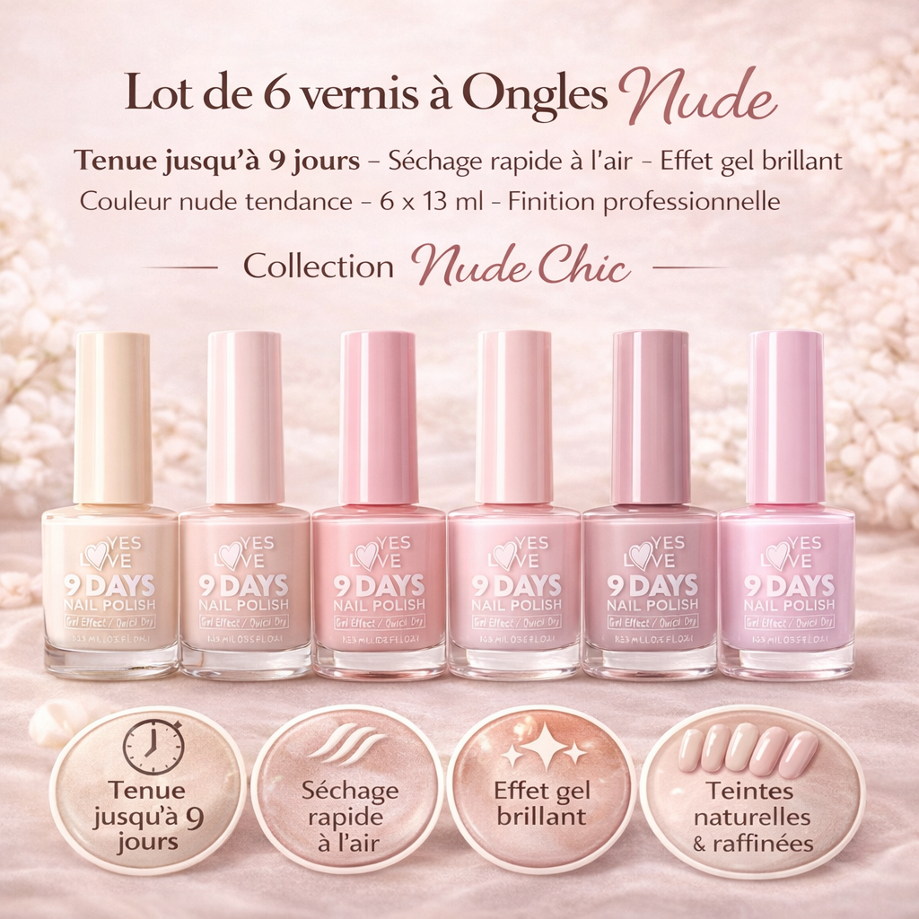 Lot de 6 Vernis à Ongles Nude 6 x 13 ml – Effet Gel Brillant – Tenue 9 Jours – Séchage Rapide – Couleurs Naturelles Élégantes – Finition Professionnelle OCIBEL