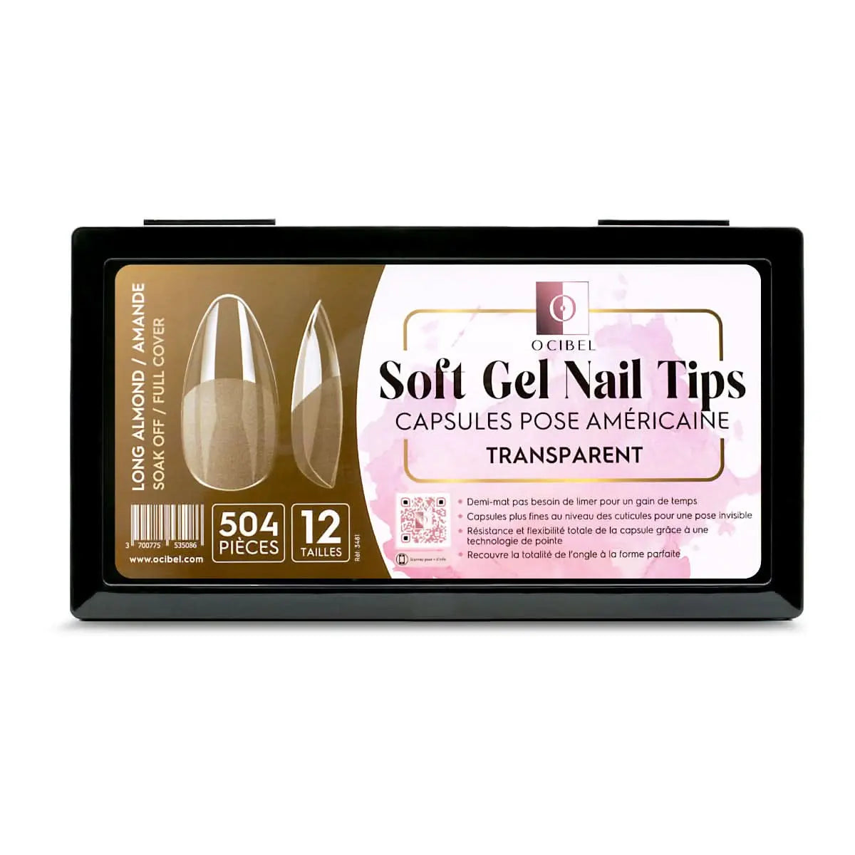 Soft Gel Nail Tips 504 Capsules Pose Américaine Demi-Mat Transparente 12 tailles - Long Almond Amande OCIBEL