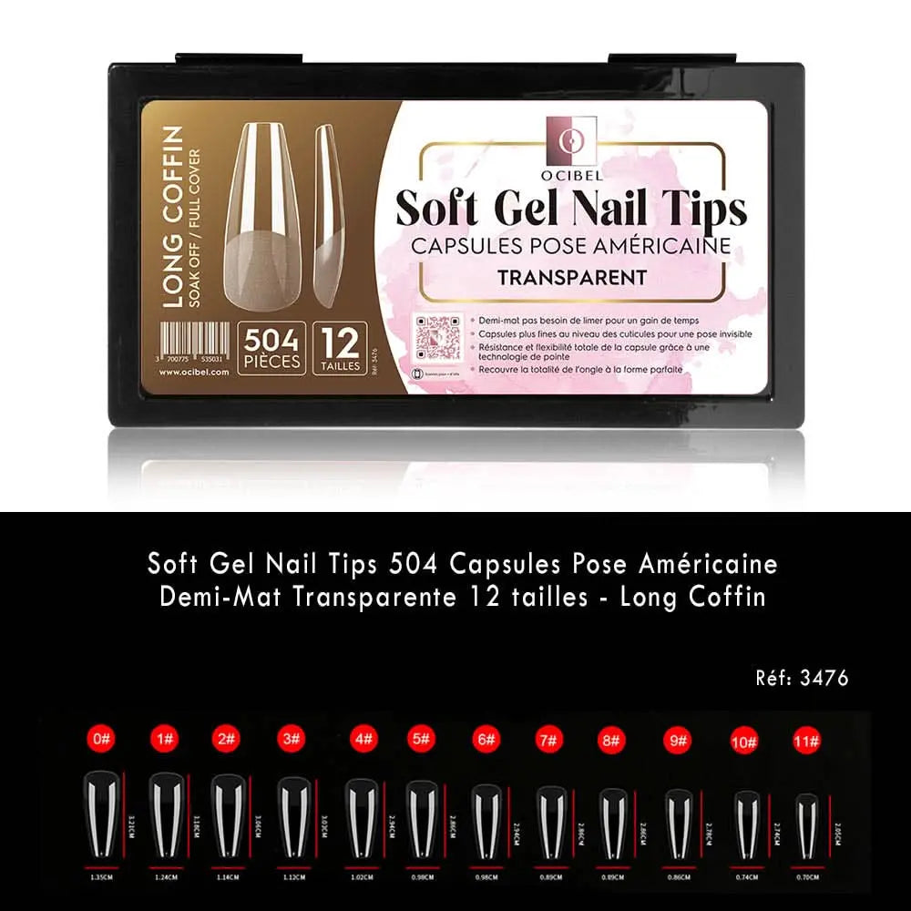 Soft Gel Nail Tips 504 Capsules Pose Américaine Demi-Mat Transparente 12 tailles - Long Coffin OCIBEL