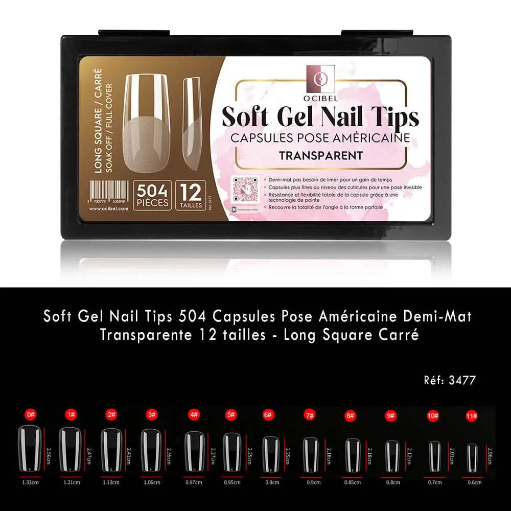 Soft Gel Nail Tips 504 Capsules Pose Américaine Demi-Mat Transparente 12 tailles - Long Square Carré OCIBEL
