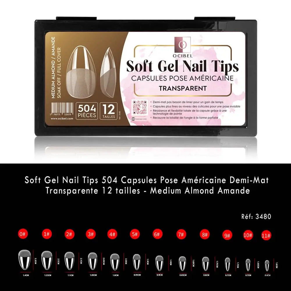 Soft Gel Nail Tips 504 Capsules Pose Américaine Demi-Mat Transparente 12 tailles - Medium Almond Amande OCIBEL