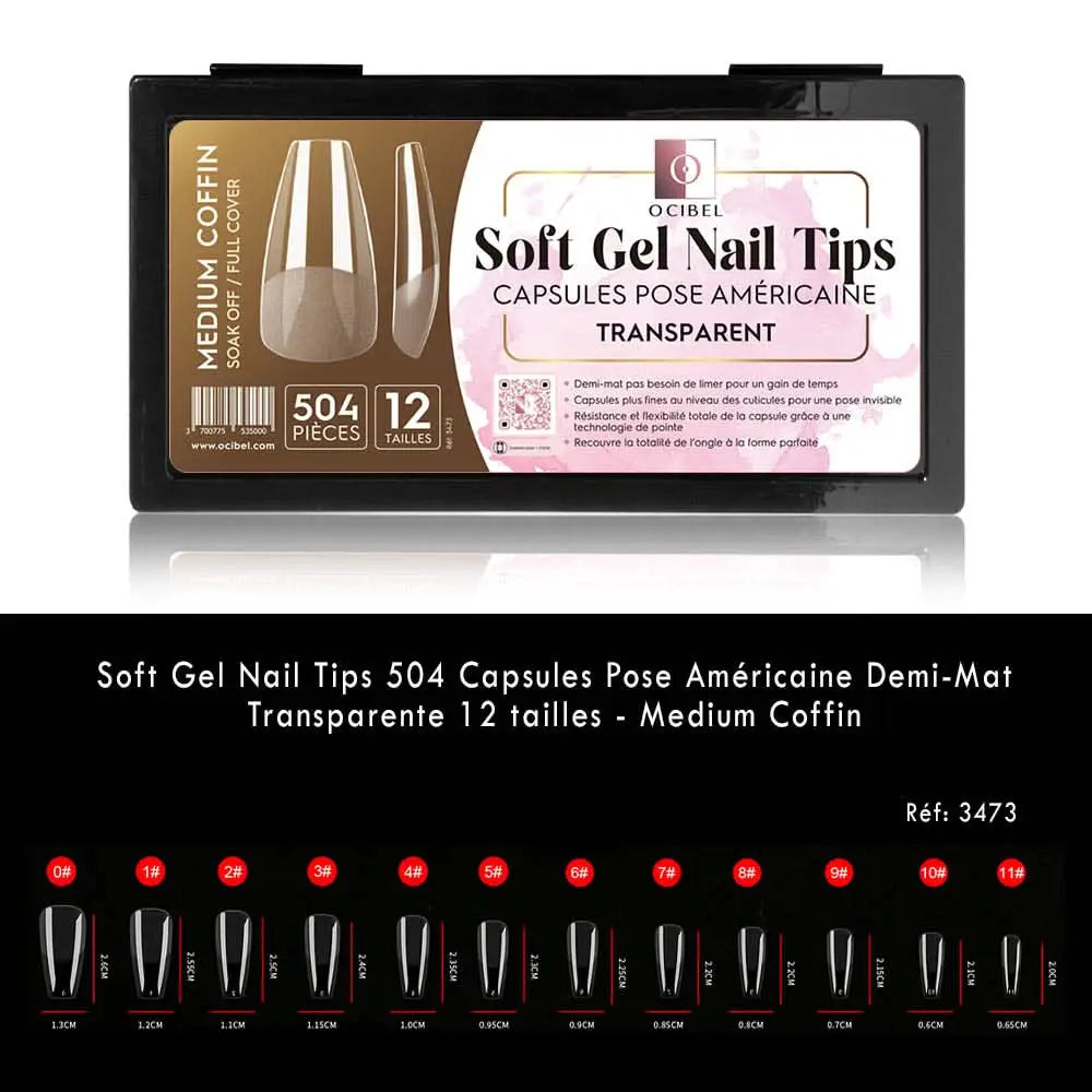 Soft Gel Nail Tips 504 Capsules Pose Américaine Demi-Mat Transparente 12 tailles - Medium Coffin OCIBEL