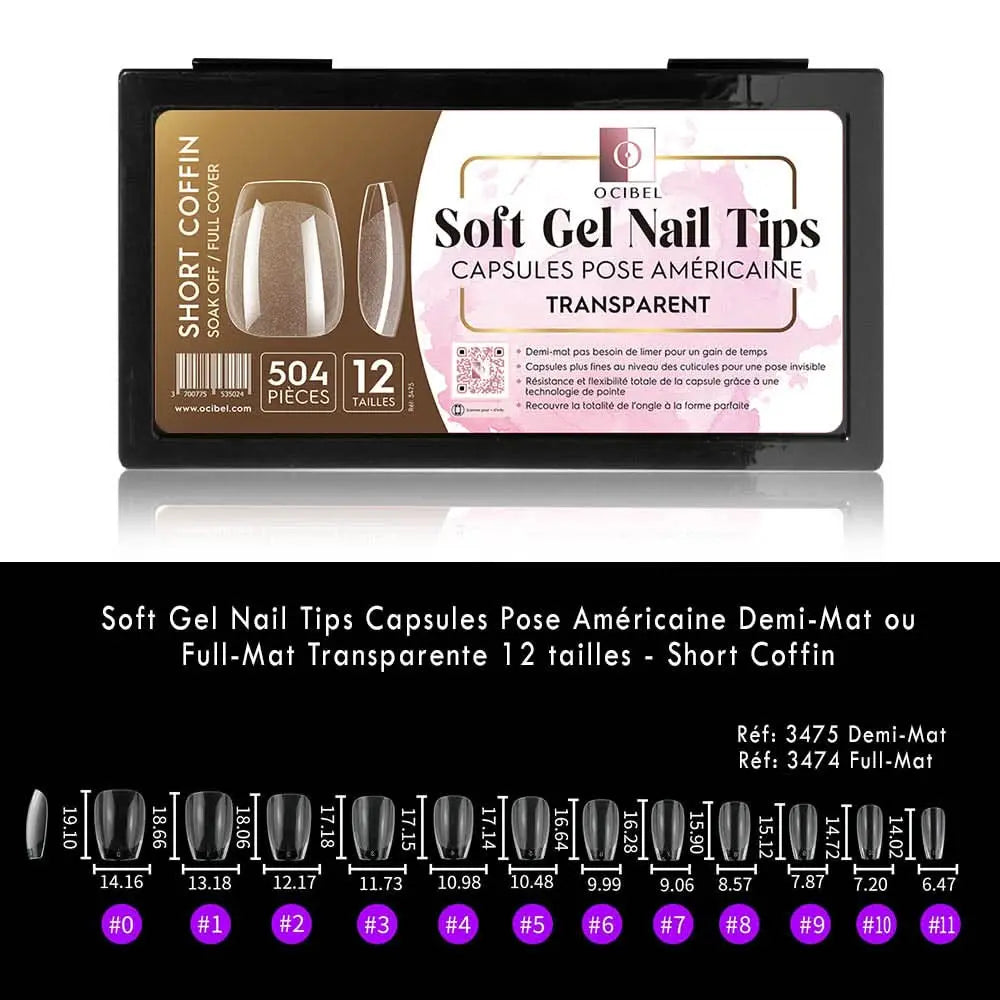 Soft Gel Nail Tips 504 Capsules Pose Américaine Demi-Mat Transparente 12 tailles - Short Coffin OCIBEL