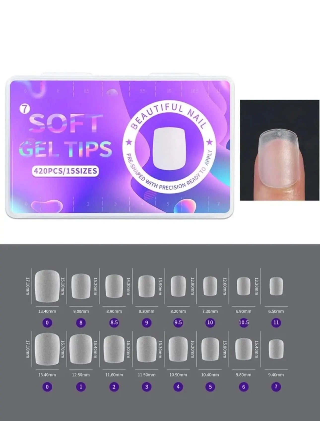 Boite de 420 Soft Gel Tips Square S pour Ongles - 15 Tailles – Mat OCIBEL