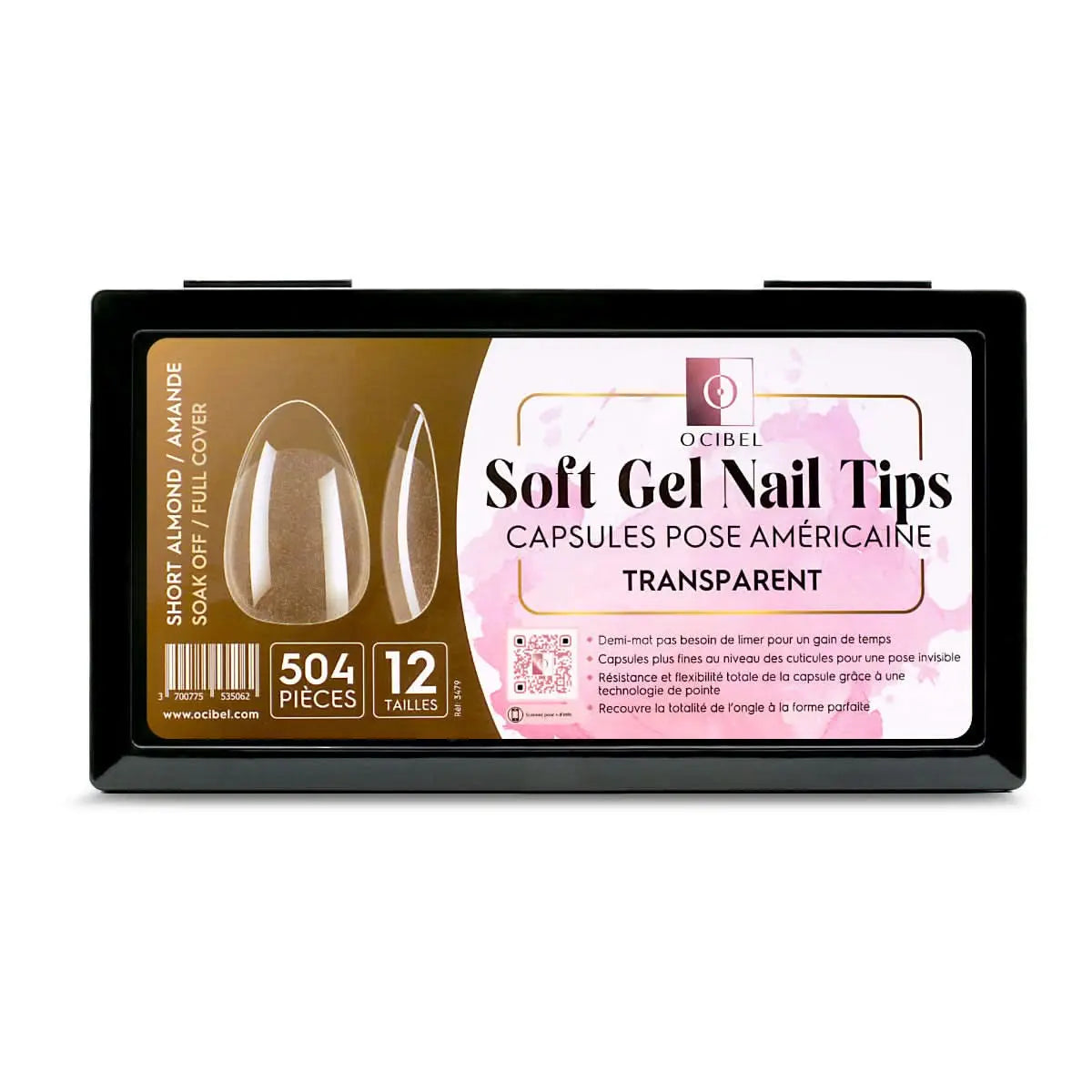 Soft Gel Nail Tips 504 Capsules Pose Américaine Demi-Mat Transparente 12 tailles - Short Almond Amande OCIBEL